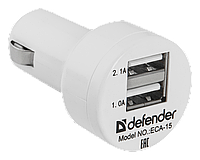 Defender Адаптер питания Defender ECA-15 2 порта USB, 5V/2А белый Зарядное устройство автомобильное