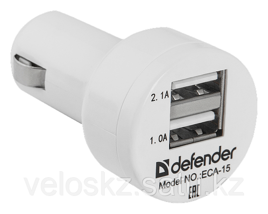 Defender Адаптер питания Defender ECA-15 2 порта USB, 5V/2А белый Зарядное устройство автомобильное, фото 2